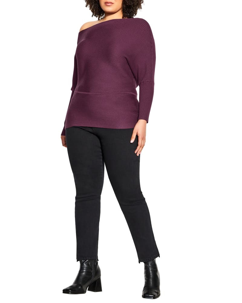 Front of a model wearing a size XXS JUMPER FITTED RIB in Plum by City Chic. | dia_product_style_image_id:252425